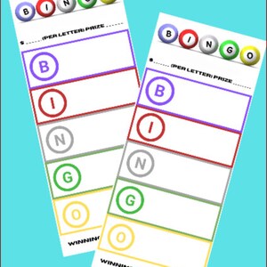 May include: Two bingo cards with the letters B-I-N-G-O printed at the top. Each card has a space for a prize amount and a winning letter. The letters B-I-N-G-O are printed in circles with different colors.