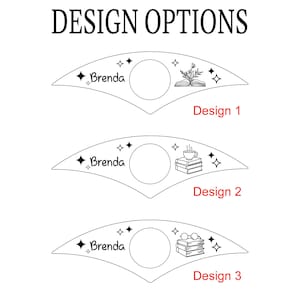 May include: Three design options for a book page holder, each with a different illustration. Design 1 features an open book and floral elements. Design 2 shows a stack of books and a cup of coffee. Design 3 has books and glasses. All designs include the name "Brenda".