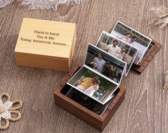 Caja de fotos de madera personalizada, álbum de fotos extraíble, regalo de aniversario para ella, marco de fotos personalizado para colección de recuerdos, regalo para él