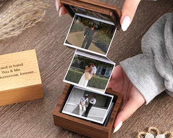 Personalized Wood Photo Box, Anniversary Keepsake Gift For Her, Pull Out Photo Album, Custom Memory Collection Photo Frame, Gift for Him