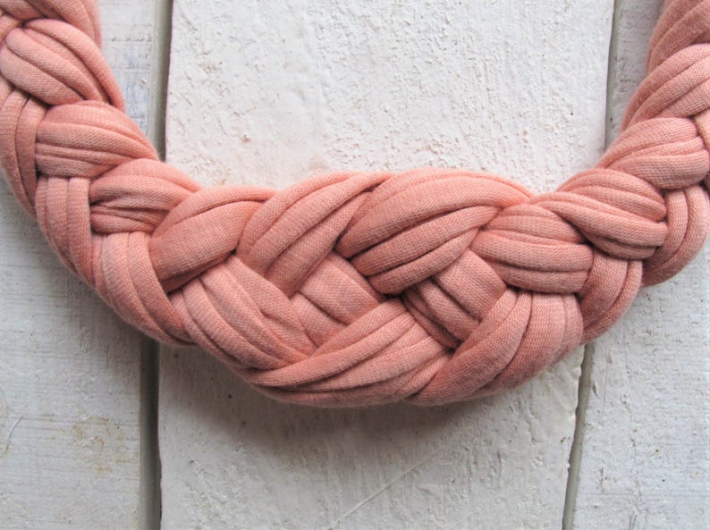 crochet necklace knitted necklace knotted necklace quartz pink necklace Pastel pink necklace cotton necklace tshirt yarn necklace.