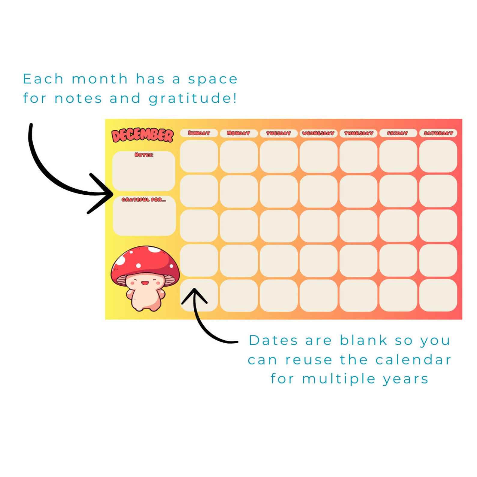 Printable Monthly Blank Calendar-mushroom Full Colour - Etsy