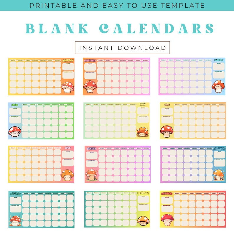 Printable Monthly Blank Calendar-mushroom Full Colour - Etsy