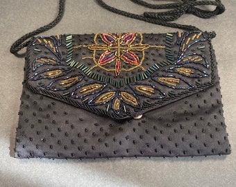 VTG Black Satin Beaded Crossbody Purse