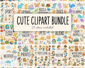 1000 Cute Clipart Elements, 25 Items in 1 Bundle, All Popular Themes - Watercolor, Animals, Kids, School, Woodland, Dinosaurs, Sport etc...