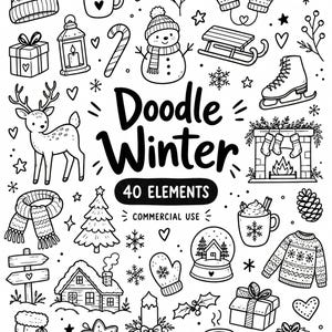 May include: A black and white digital illustration featuring the text Doodle Winter 40 ELEMENTS COMMERCIAL USE surrounded by various winter-themed icons including a snowman, reindeer, fireplace, gifts, mugs, mittens, and snowflakes.