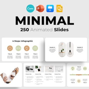 Puede incluir: Una captura de pantalla de un sitio web que promociona una plantilla de presentación con 250 diapositivas animadas. La plantilla se llama "Minimal" y presenta un diseño minimalista con un esquema de color verde, marrón y blanco. El sitio web también incluye logotipos para Canva, PowerPoint, Google Slides y Keynote.