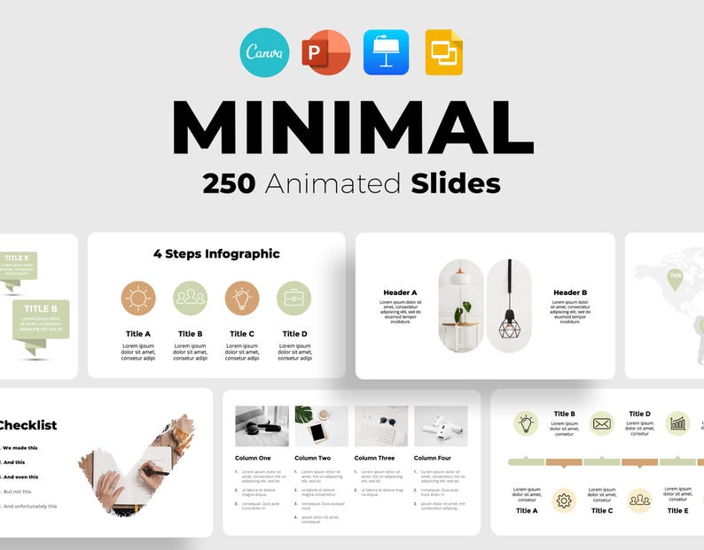 Peut inclure: Une capture d'&eacute;cran d'un site Web pr&eacute;sentant un mod&egrave;le de pr&eacute;sentation avec 250 diapositives anim&eacute;es. Le mod&egrave;le s'appelle "Minimal" et pr&eacute;sente un design minimaliste avec un sch&eacute;ma de couleurs vert, marron et blanc. Le site Web comprend &eacute;galement des logos pour Canva, PowerPoint, Google Slides et Keynote.