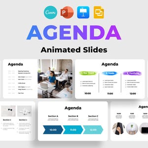Peut inclure: Un modèle de présentation avec des diapositives animées pour un ordre du jour. Le modèle présente un design coloré avec un schéma de couleurs bleu, vert et violet. Les diapositives sont intitulées "Agenda" et comprennent des sections pour "Notre équipe", "Objectifs" et "Portfolio".