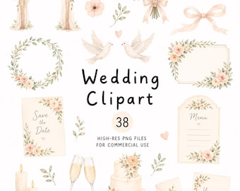 38 Wedding PNG Clipart Set, Boho Watercolor Wedding Flowers, Floral Arch, Rings, Invitations, High-Res Transparent PNG, Commercial Use