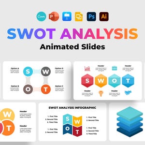 May include: A digital graphic displaying "SWOT ANALYSIS Animated Slides" in vibrant colours. The image showcases several infographic designs, including diagrams with the letters S, W, O, and T, and various icons.