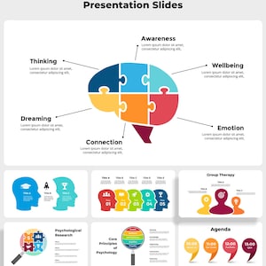 May include: A presentation slide deck featuring a colourful brain graphic and text about mental health and psychology. The brain is divided into six sections, each with a different colour and a different word: thinking, dreaming, connection, awareness, wellbeing, and emotion. The slide deck also includes other slides with different graphics and text about therapy, psychological research, and the core principles of psychology.