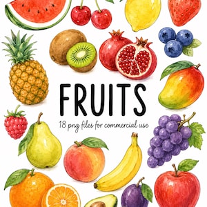 Op de afbeelding: Een verzameling aquarelillustraties met een watermeloenplak, kersen, citroen, aardbei, ananas, kiwi, granaatappel, bosbessen, mango, framboos, peer, perzik, banaan, druiven, sinaasappel, avocado, pruim en appel met de tekst FRUITS 18 png files for commercial use.