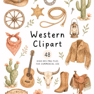 Könnte beinhalten: Eine Sammlung von Aquarell-Illustrationen zum Thema Western, darunter ein Cowboyhut, ein Hufeisen, ein Kaktus, ein Wagenrad, ein Lasso, eine Laterne, ein Bandana, eine Gitarre, ein Rinderschädel, ein Stiefel, ein Sattel, ein Gürtel und ein Schild mit dem Text Western Clipart 48.