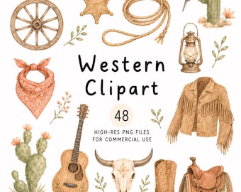 Boho Western Clipart, Wild West Clip Art, 48 High-Res Cliparts, High-Res PNG Illustration, Commercial Use Digital Download, American Culture