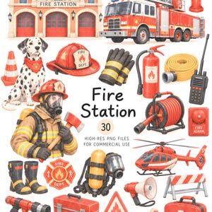 Può includere: Una collezione di illustrazioni a tema caserma dei pompieri che include un edificio, un camion dei pompieri, un dalmata, un vigile del fuoco, un idrante, un casco, guanti, un estintore, un tubo, una radio, un elicottero e vari attrezzi.