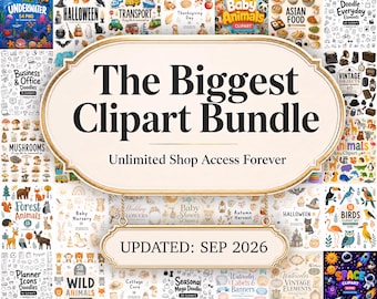 10000 Clipart Bundle, Unlimited Shop Access, Digital Download, Commercial Use Store PNG Clip Art Cute Kid Animal Doodle Watercolor Food Boho