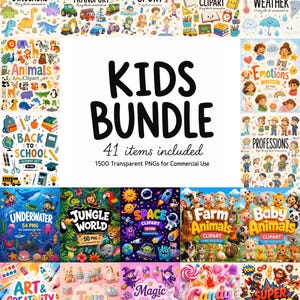 Może przedstawiać: Cyfrowa kolekcja zatytułowana KIDS BUNDLE zawierająca 1500 przezroczystych plików PNG w 18 kategoriach, w tym dinozaury, transport, sport, szkoła, pogoda, zwierzęta, emocje, zawody, podwodne, dżungla, kosmos, farma, młode zwierzęta, sztuka, zabawki, magia, słodycze i superbohaterowie.