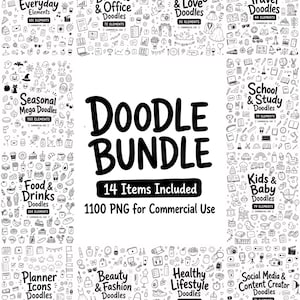 Puede incluir: Una colección digital titulada Doodle Bundle que incluye 14 artículos y 1100 archivos PNG para uso comercial. La imagen muestra varios conjuntos de garabatos dibujados a mano en blanco y negro, clasificados por temas como cotidiano, negocios, bodas, viajes y comida.