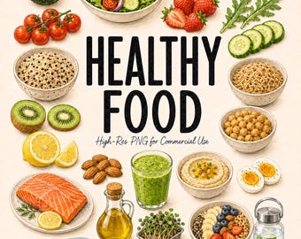 29 imágenes prediseñadas de comida saludable, ensalada, aguacate, salmón, batido, tazón, fitness, platos de estilo de vida saludable, ilustraciones PNG limpias y modernas, uso comercial.