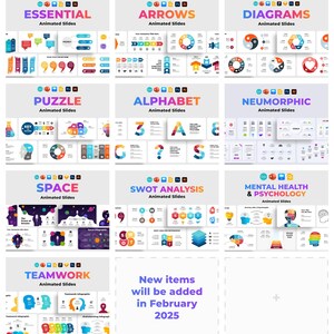 May include: A collage of colorful animated PowerPoint slides featuring various themes, including essential, arrows, diagrams, puzzle, alphabet, neomorphic, space, SWOT analysis, mental health and psychology, and teamwork. The slides are designed with a modern and minimalist aesthetic, using bright colors and geometric shapes. The text "New items will be added in February 2025" is displayed at the bottom of the collage.