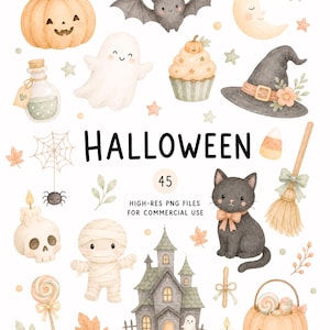 Puede incluir: Una colección de ilustraciones en acuarela de Halloween que incluye una calabaza, murciélago, luna creciente, fantasma, cupcake, sombrero de bruja, telaraña, calavera, momia, casa encantada, gato negro, escoba, dulces y hojas con el texto HALLOWEEN.