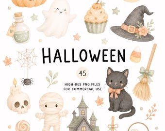 Conjunto de 45 imágenes prediseñadas de Halloween estilo boho, lindas brujas fantasmas y calabazas en acuarela, elementos espeluznantes en tonos pastel, PNG transparente de alta resolución, uso comercial.
