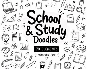 School & Study Clip Art, Education Doodle Cliparts, Classroom Doodles, Digital Download, Commercial Use, 70 Transparent PNG