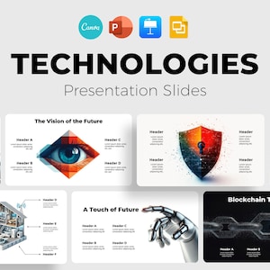 以下が含まれることがあります： 「TECHNOLOGIES Presentation Slides」というタイトルのデジタルプレゼンテーション。ロボット、目、シールド、ロケット、スマートホーム、ロボットハンド、ブロックチェーンの画像を含む、さまざまなテクノロジーをテーマにしたグラフィックが含まれています。