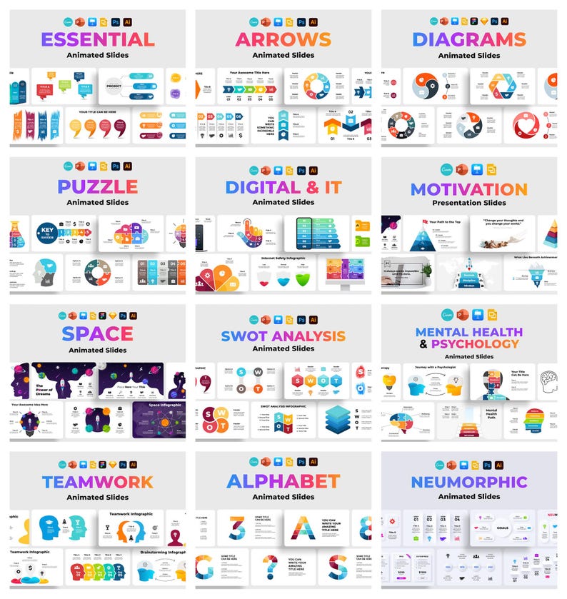 K&ouml;nnte beinhalten: Eine Sammlung animierter Folienvorlagen mit Themen wie "Essential", "Arrows", "Diagrams", "Puzzle", "Digital & IT" und "Motivation". Jede Folie zeigt farbenfrohe Grafiken und Text, geeignet f&uuml;r Pr&auml;sentationen.