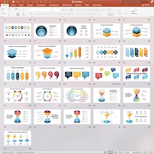 May include: A screenshot of a PowerPoint presentation with 101 slides. The slides contain various infographic templates for business, time management, and other topics. The slides are numbered and have titles such as "Business Growth Infographic", "5 Steps Infographic", and "Hourglass Infographic Concept".