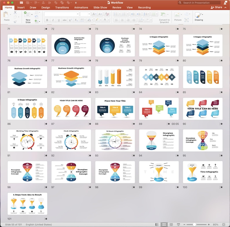 May include: A screenshot of a PowerPoint presentation with 101 slides. The slides contain various infographic templates for business, time management, and other topics. The slides are numbered and have titles such as "Business Growth Infographic", "5 Steps Infographic", and "Hourglass Infographic Concept".