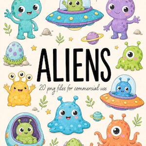 May include: A collection of digital illustrations featuring colorful cartoon aliens, flying saucers, planets, and eggs. The text reads ALIENS and 20 png files for commercial use. The characters include various shapes, sizes, and expressions.
