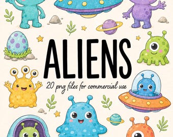 Conjunto de imágenes prediseñadas PNG de alienígenas adorables, alienígenas espaciales y ovnis en acuarela, ilustraciones de galaxias kawaii, PNG transparente de alta resolución, uso comercial.