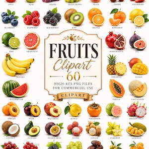 Puede incluir: Una colección digital de 60 ilustraciones de frutas que incluye manzanas, peras, uvas, bayas, cítricos y frutas tropicales. El texto central dice FRUITS Clipart 60 HIGH-RES PNG FILES FOR COMMERCIAL USE. Cada fruta está etiquetada.