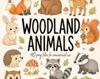40 animales del bosque, conjunto de imágenes prediseñadas estilo boho, lindos animales del bosque en acuarela, zorro, oso, ciervo, PNG transparente de alta resolución, uso comercial.