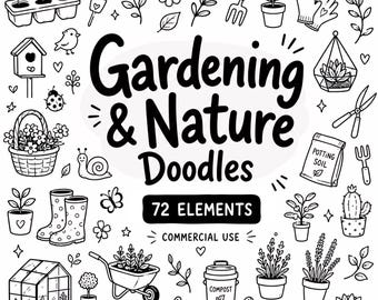 Gardening Nature Clip Art, Garden Doodle Cliparts, Botanical Doodles, Digital Download, Commercial Use, 72 Transparent PNG