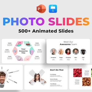 May include: A promotional image for presentation slides. The title "PHOTO SLIDES" is in a gradient of blue, purple, and orange. The image includes the text "500+ Animated Slides" and several example slide layouts with text and graphics.