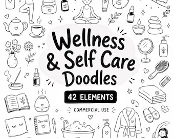 Wellness & Self Care Clip Art, Spa Doodle Cliparts, Yoga Relaxation Doodles Clipart, Digital Download, Commercial Use, 42 Transparent PNG