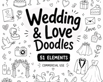 Wedding & Love Clip Art, Romantic Doodle Cliparts, Bridal Doodles, Digital Download, Commercial Use, 51 Transparent PNG