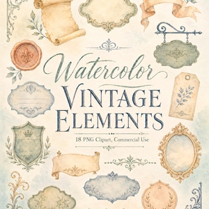 Puede incluir: Una colección de elementos vintage en acuarela que incluye marcos decorativos, pergaminos, un sello de cera, un letrero colgante y adornos de esquina. El texto dice Watercolor VINTAGE ELEMENTS 18 PNG Clipart, Commercial Use sobre fondo claro.
