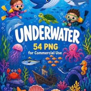 Clipartbundel van de onderwaterwereld, schattige babydieren uit de oceaan en zee, koraalduikers voor kinderen, walvishaai, vissen, waterdieren, PNG-illustraties