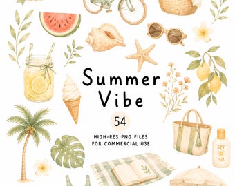 54 Summer Clipart Set, Boho Watercolor Beach Vacation Clip Art, High-Res Transparent PNG Illustrations, Commercial Use Water Color Cliparts