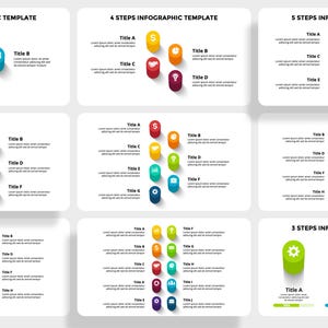 May include: A set of nine infographic templates with colourful icons and text boxes. The templates are designed to help users visualise data and information in a clear and concise way. Each template features a different number of steps, ranging from three to five.