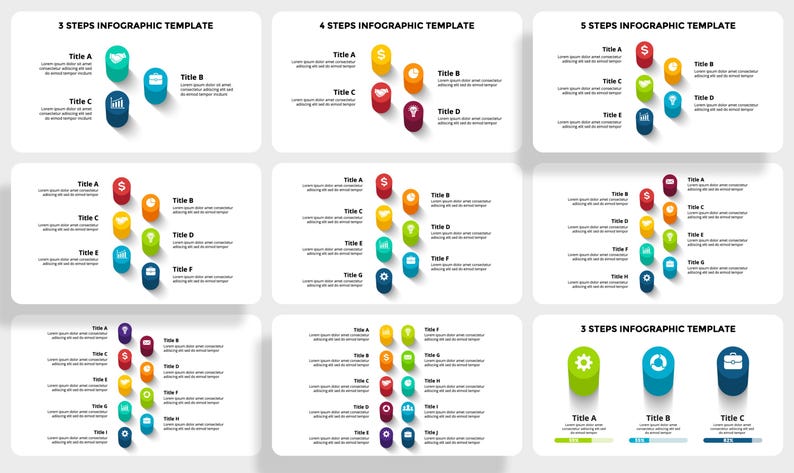 May include: A set of nine infographic templates with colourful icons and text boxes. The templates are designed to help users visualise data and information in a clear and concise way. Each template features a different number of steps, ranging from three to five.
