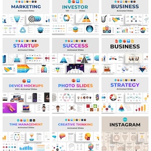 May include: A collage of colourful images showcasing different types of animated presentation templates. The templates include topics such as marketing, investor, business, startup, success, device mockups, photo slides, strategy, time management, creative thinking, and Instagram.