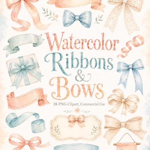Peut inclure: Une collection d'illustrations à l'aquarelle présentant divers rubans et nœuds dans des tons pêche, bleu et crème. Le texte indique Watercolor Ribbons & Bows 18 PNG Clipart, Commercial Use. Les motifs incluent des rubans en dentelle et des bannières.