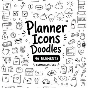 Puede incluir: Una colección de 46 iconos y garabatos de planificador dibujados a mano en blanco y negro, que incluyen calendarios, símbolos meteorológicos, artículos financieros, equipo de salud, objetos de viaje y material de oficina.