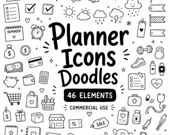Planner Icons Clip Art, Productivity Doodle Cliparts, Organizer Doodles, Digital Download, Commercial Use, 46 Transparent PNG