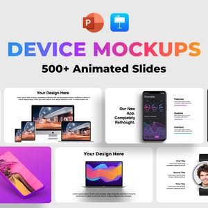 以下が含まれることがあります： 「DEVICE MOCKUPS」というタイトルと「500+ アニメーションスライド」というサブタイトルが付いたプレゼンテーションスライドデッキ。スライドデッキには、タブレット、スマートフォン、ラップトップ、スマートウォッチ、デスクトップコンピューターなど、さまざまなデバイスのモックアップが掲載されています。モックアップは、ピンクとパープルのグラデーションがかった白い背景に表示されています。